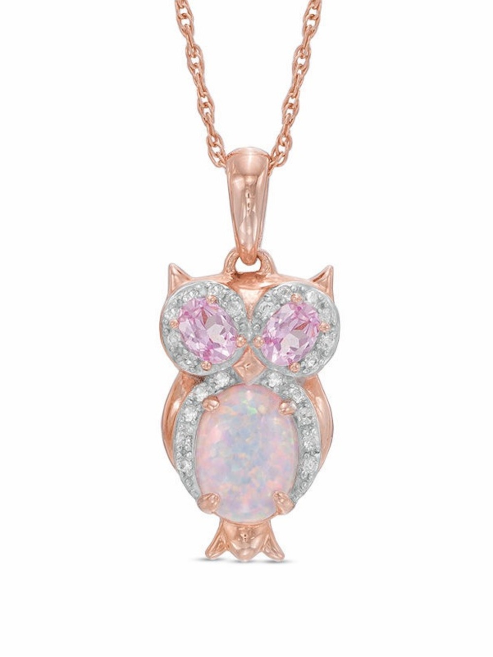 14K rose gold plated and sterling silver Opal with Pink and White Sapphire Owl